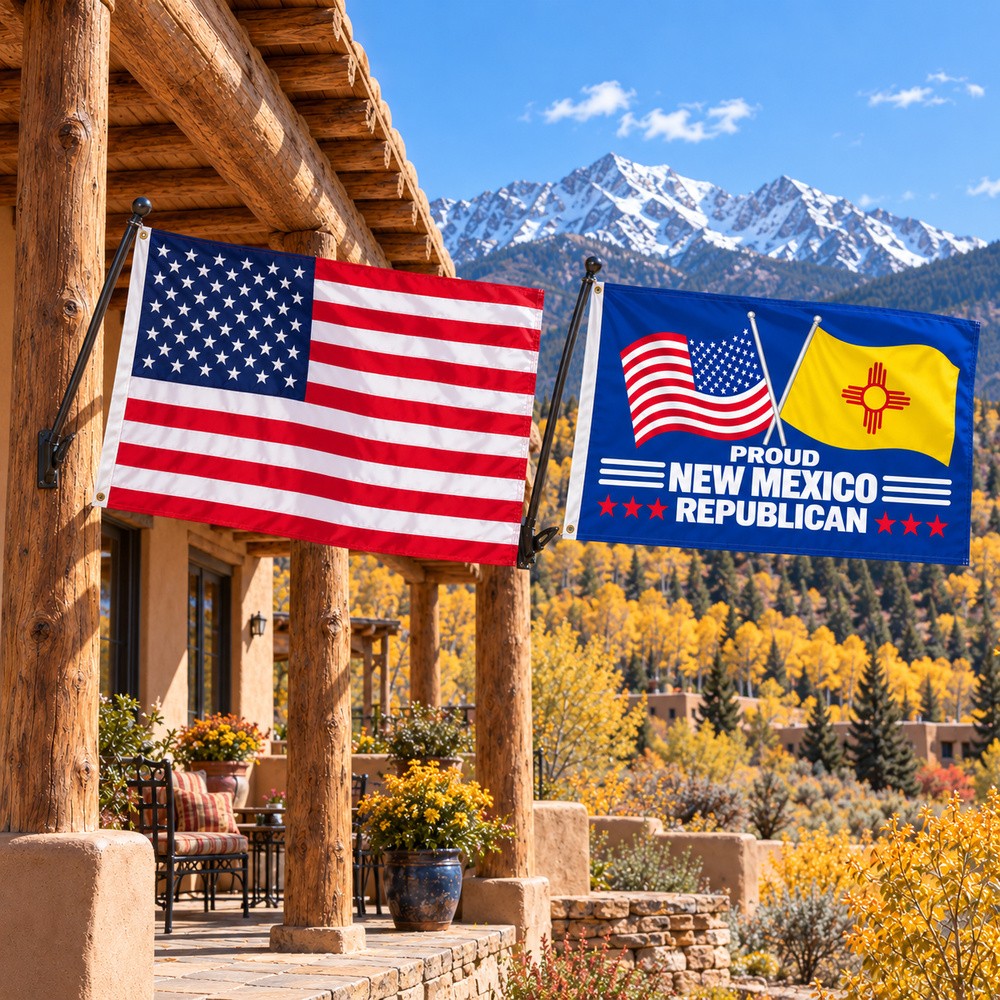 Heavy Duty American Flag and Proud New Mexico Republican Flag 3x5 2-Pack displayed outdoors