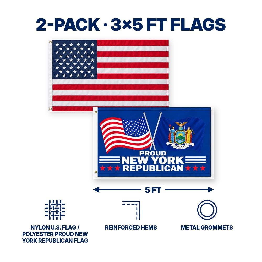 Heavy Duty American Flag and Proud New York Republican Flag 3x5 2-Pack features and size details