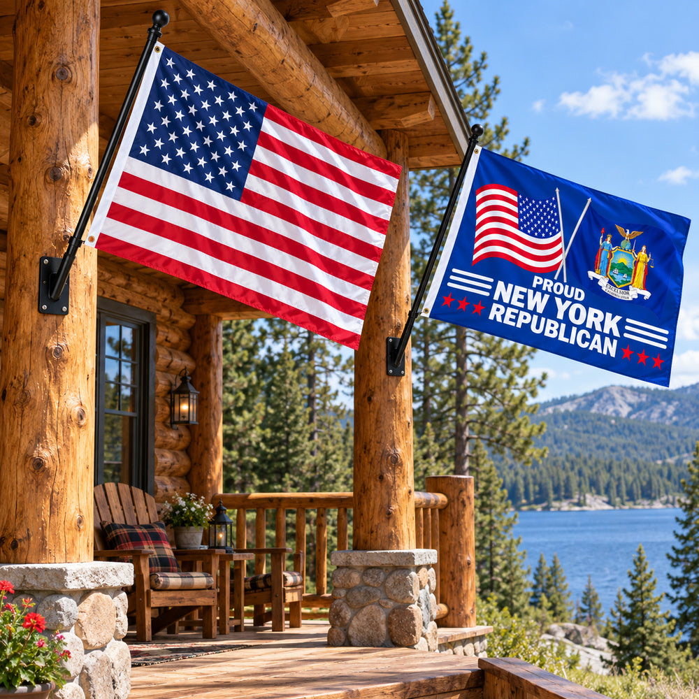 Heavy Duty American Flag and Proud New York Republican Flag 3x5 2-Pack displayed outdoors