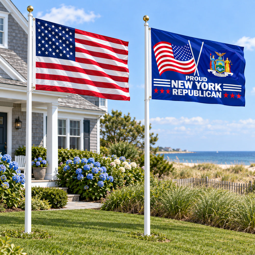 Heavy Duty American Flag and Proud New York Republican Flag 3x5 2-Pack displayed outdoors