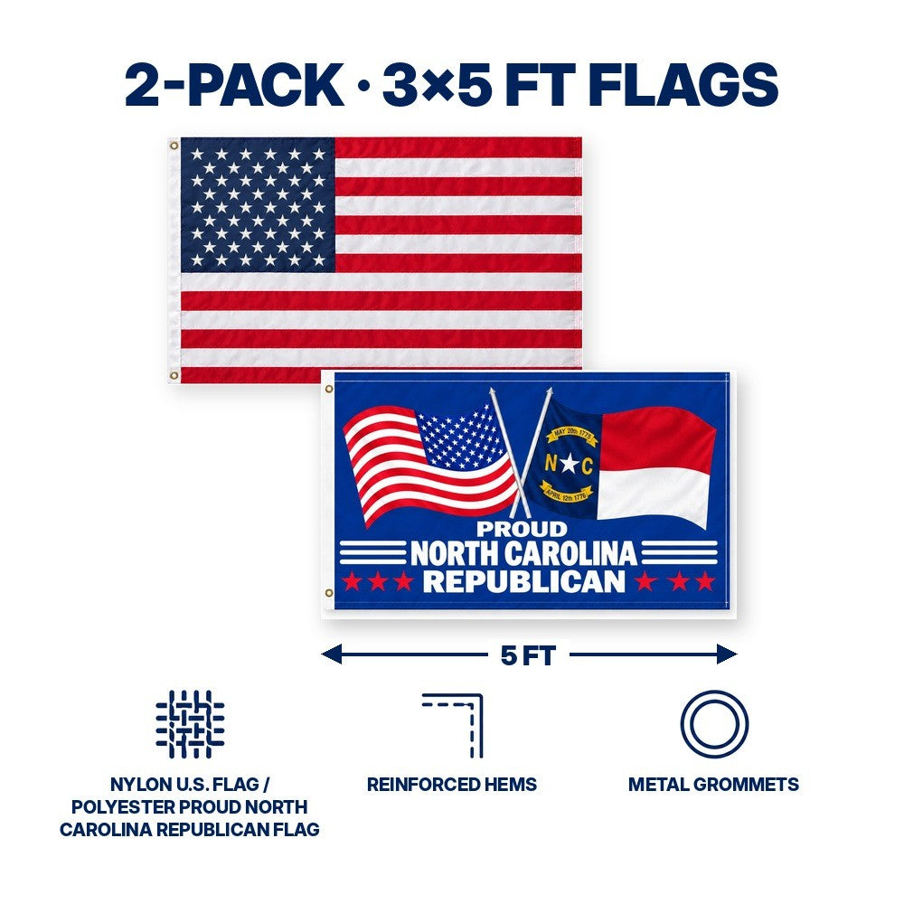 Heavy Duty American Flag and Proud North Carolina Republican Flag 3x5 2-Pack features and size details