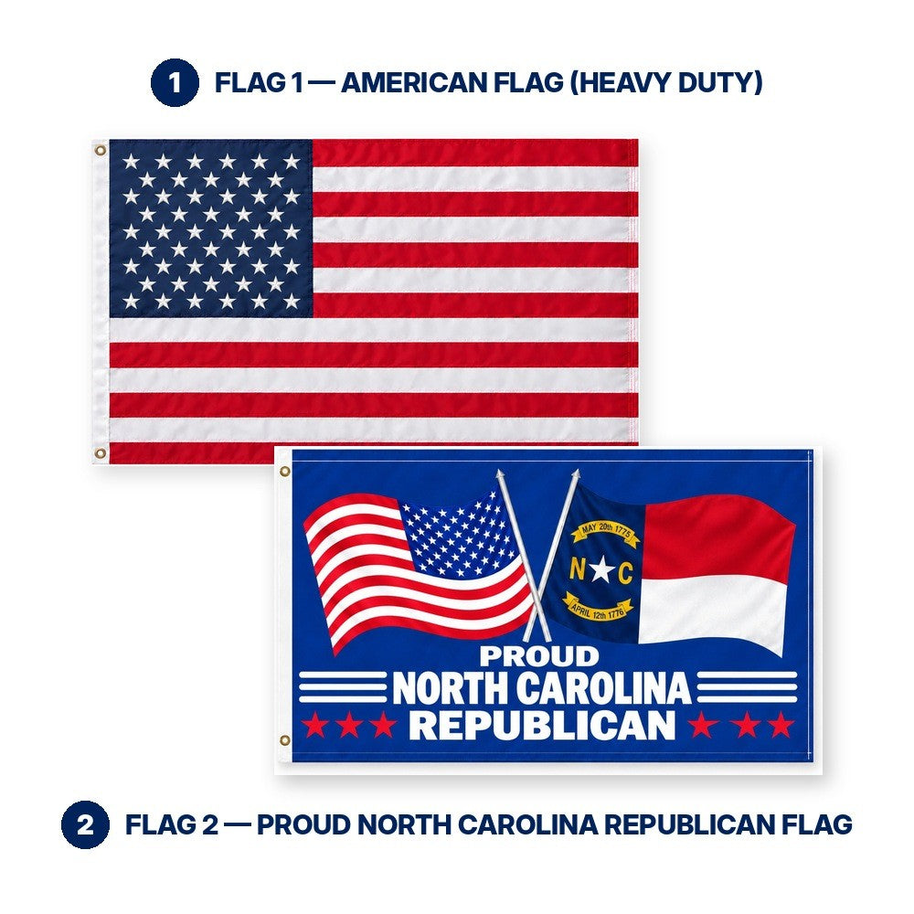 Heavy Duty American Flag and Proud North Carolina Republican Flag 3x5 2-Pack features and size details