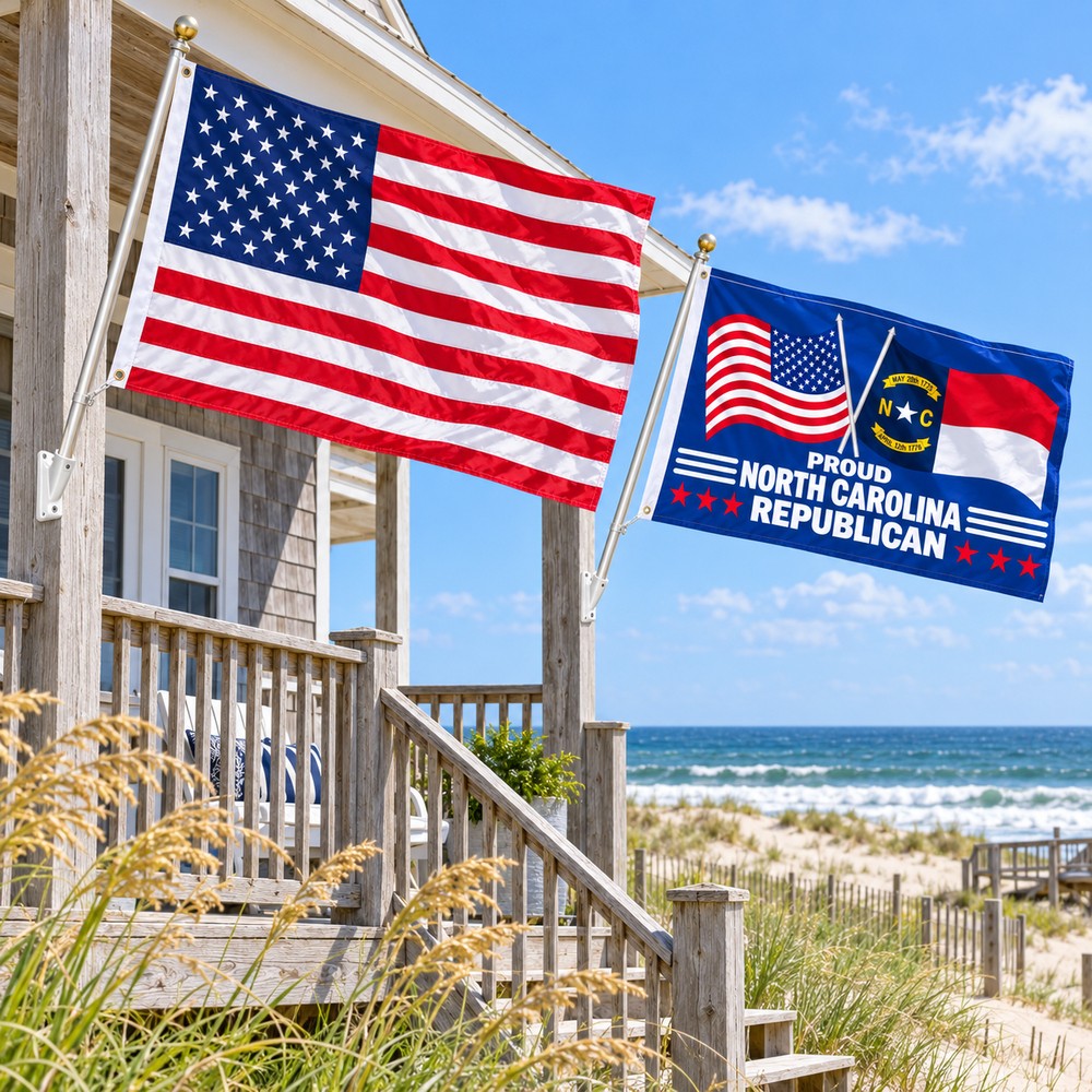 Heavy Duty American Flag and Proud North Carolina Republican Flag 3x5 2-Pack displayed outdoors