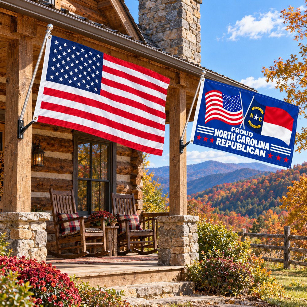 Heavy Duty American Flag and Proud North Carolina Republican Flag 3x5 2-Pack displayed outdoors