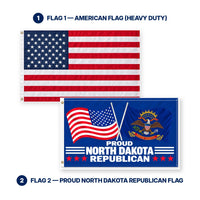 Heavy Duty American Flag and Proud North Dakota Republican Flag 3x5 2-Pack features and size details