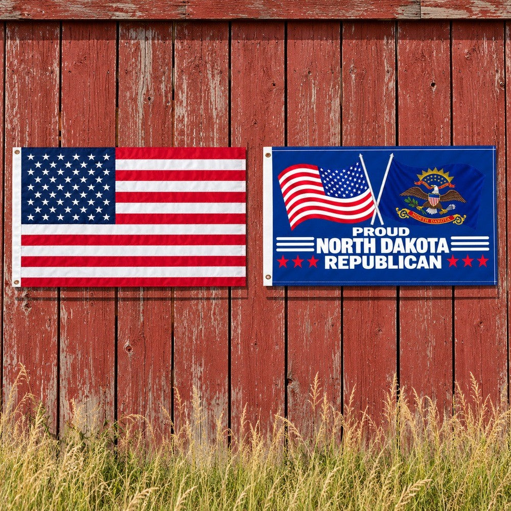 Heavy Duty American Flag and Proud North Dakota Republican Flag 3x5 2-Pack displayed outdoors