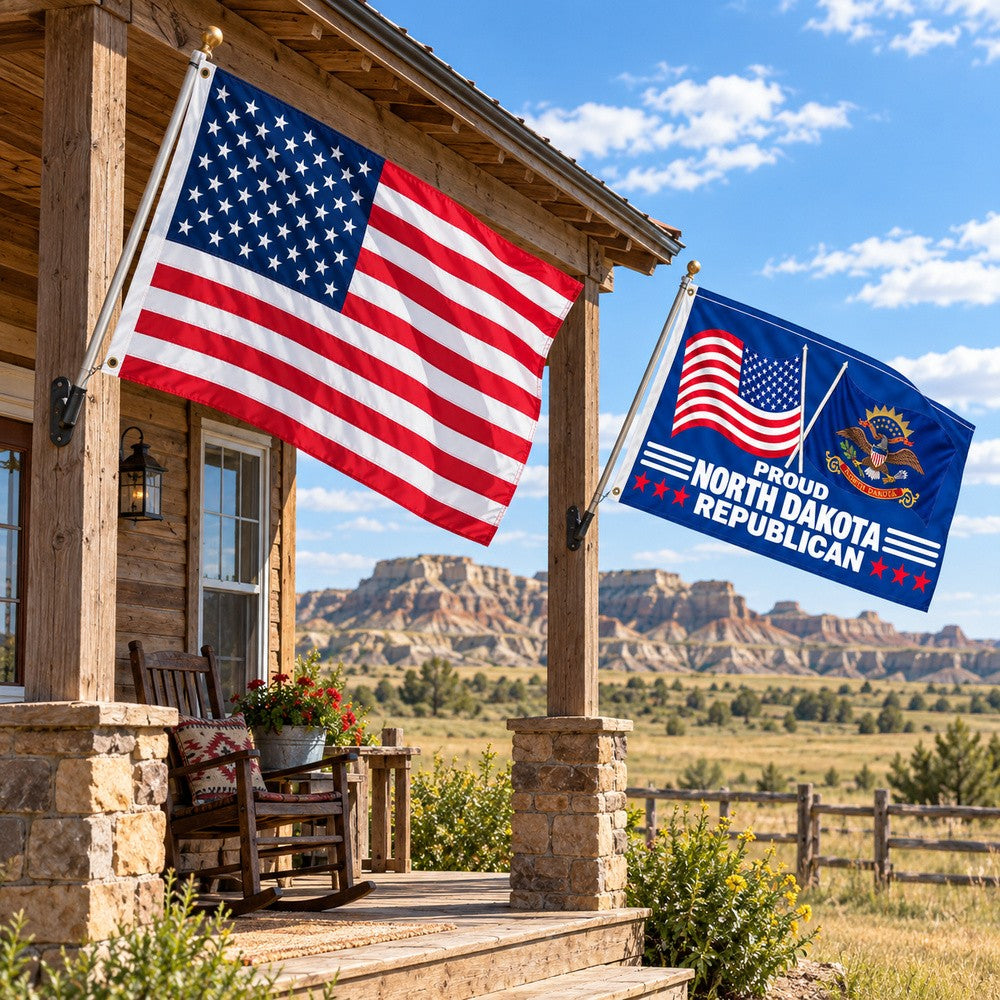 Heavy Duty American Flag and Proud North Dakota Republican Flag 3x5 2-Pack displayed outdoors