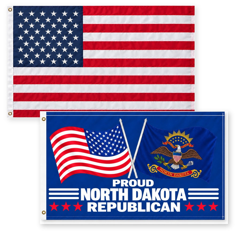 Heavy Duty American Flag and Proud North Dakota Republican Flag 3x5 2-Pack