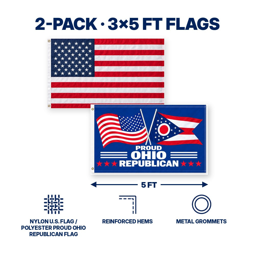 Heavy Duty American Flag and Proud Ohio Republican Flag 3x5 2-Pack features and size details