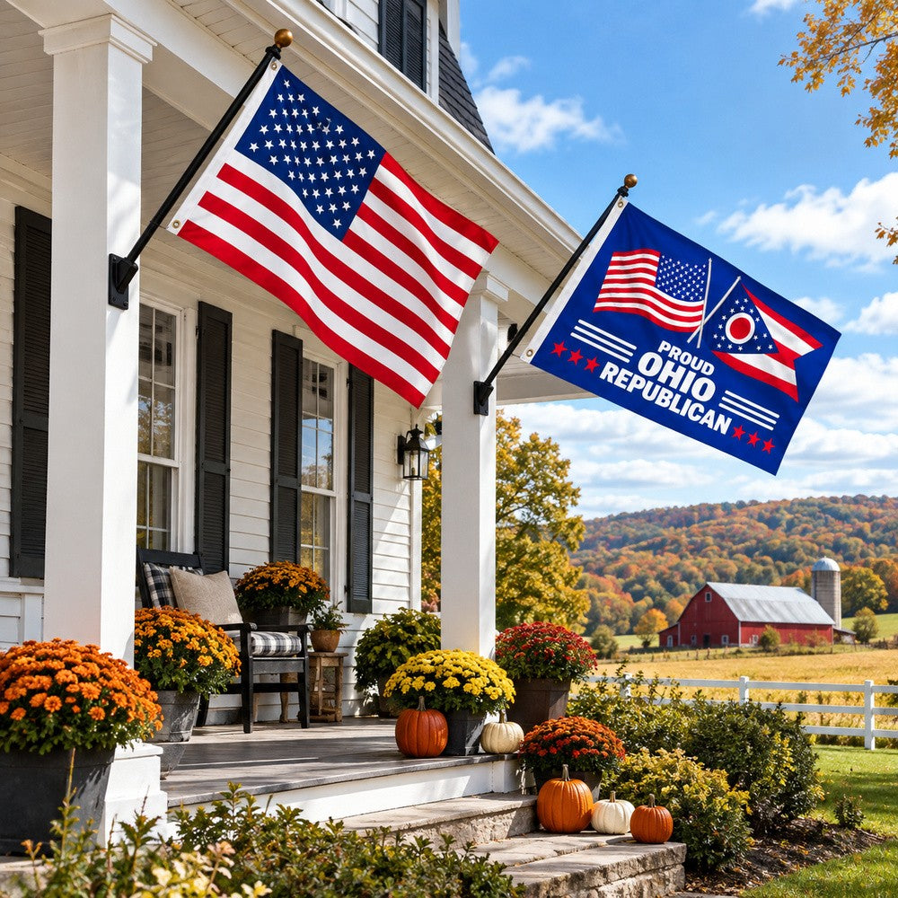 Heavy Duty American Flag and Proud Ohio Republican Flag 3x5 2-Pack displayed outdoors