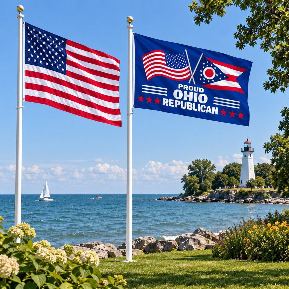 Heavy Duty American Flag and Proud Ohio Republican Flag 3x5 2-Pack displayed outdoors