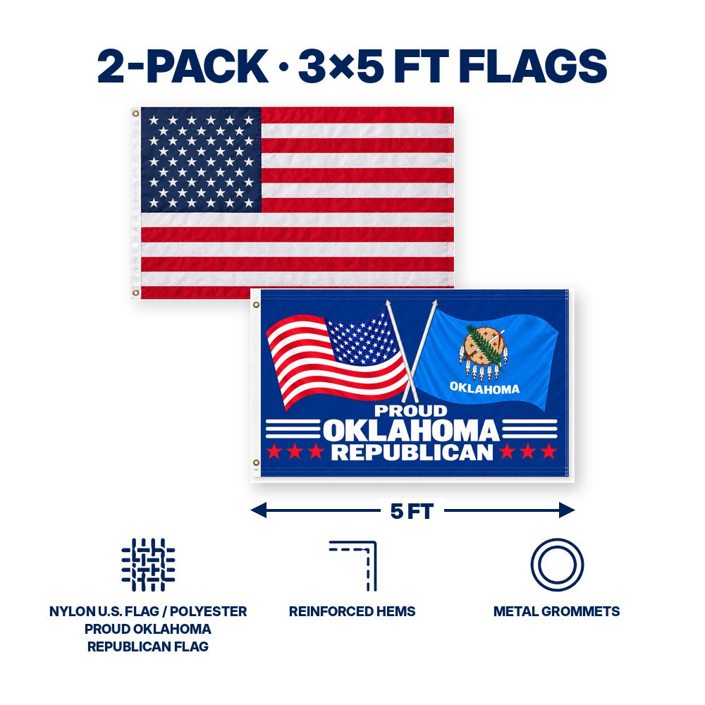 Heavy Duty American Flag and Proud Oklahoma Republican Flag 3x5 2-Pack features and size details