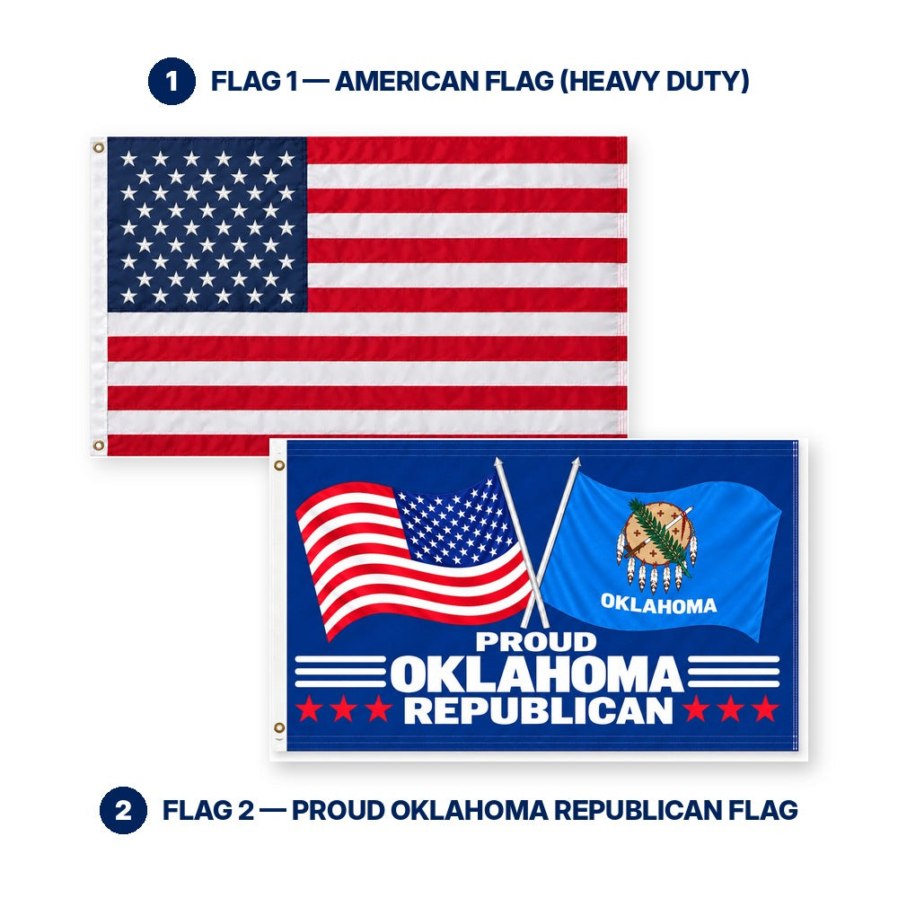 Heavy Duty American Flag and Proud Oklahoma Republican Flag 3x5 2-Pack features and size details