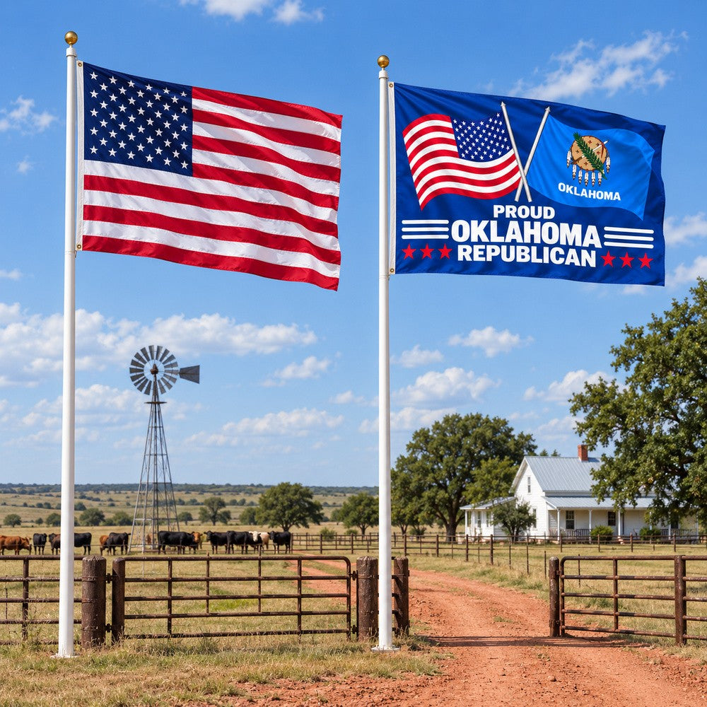 Heavy Duty American Flag and Proud Oklahoma Republican Flag 3x5 2-Pack displayed outdoors