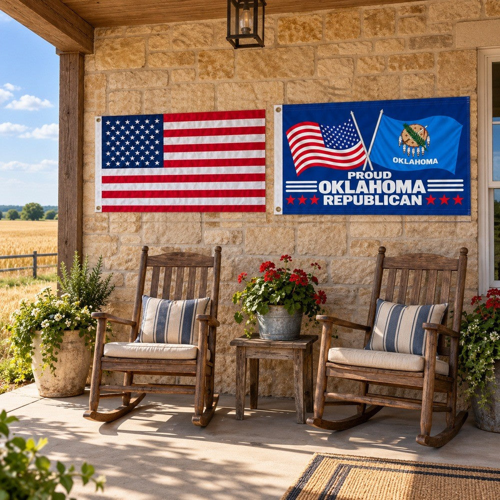 Heavy Duty American Flag and Proud Oklahoma Republican Flag 3x5 2-Pack displayed outdoors