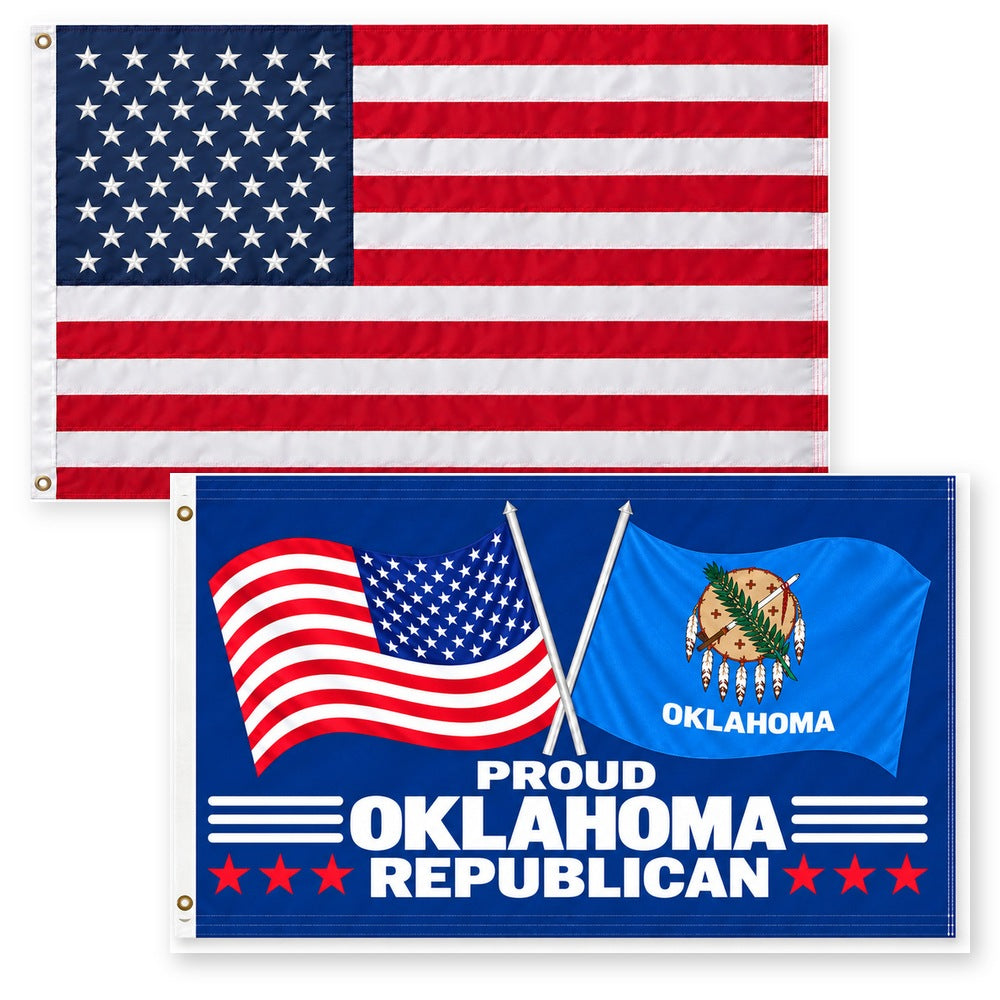 Heavy Duty American Flag and Proud Oklahoma Republican Flag 3x5 2-Pack