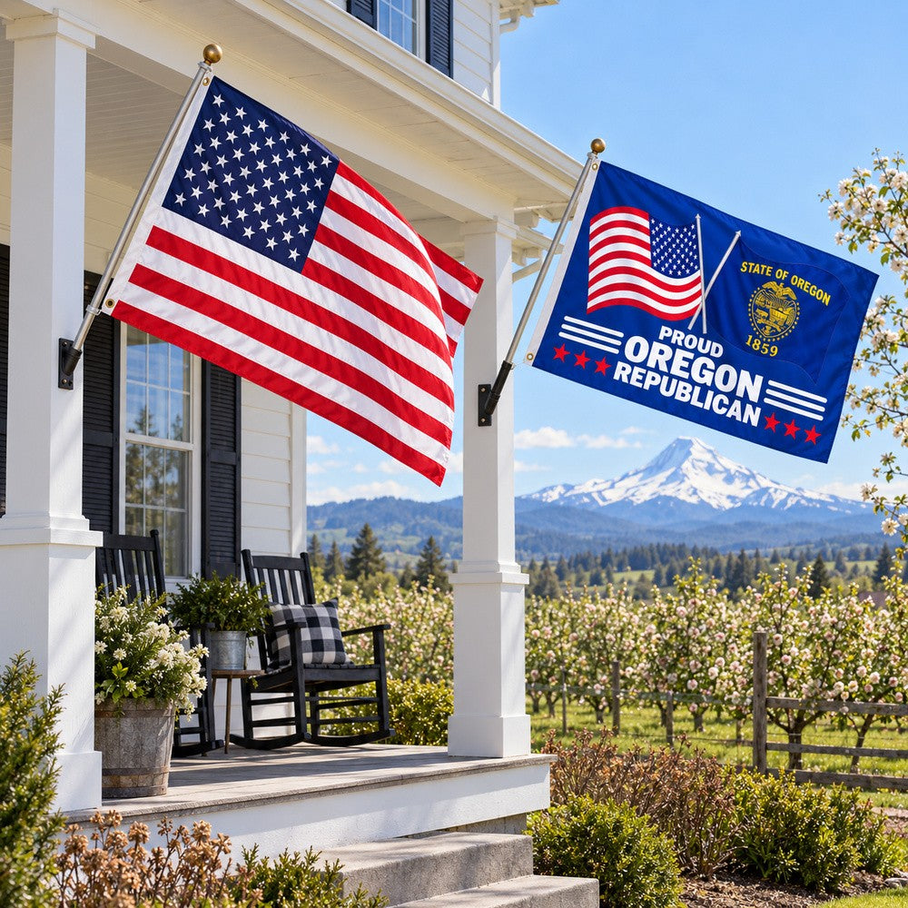 Heavy Duty American Flag and Proud Oregon Republican Flag 3x5 2-Pack displayed outdoors