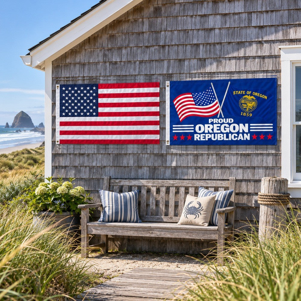 Heavy Duty American Flag and Proud Oregon Republican Flag 3x5 2-Pack displayed outdoors
