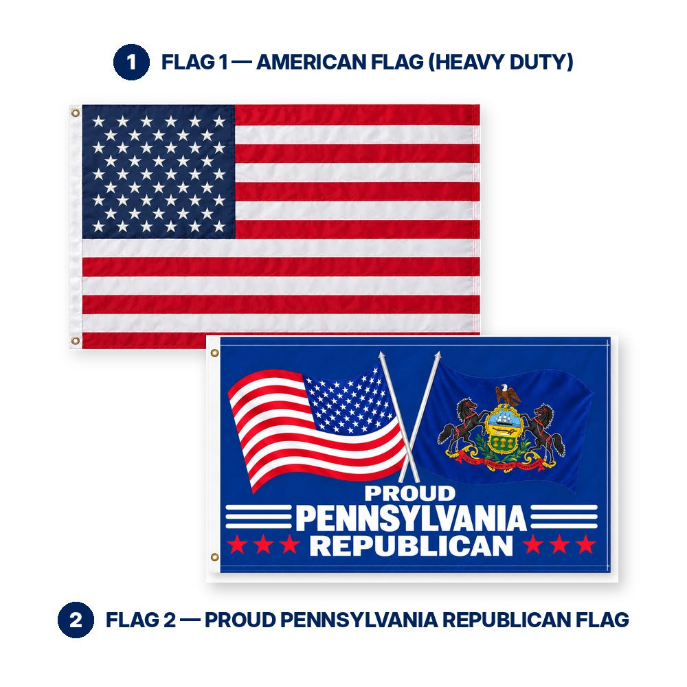 Heavy Duty American Flag and Proud Pennsylvania Republican Flag 3x5 2-Pack features and size details