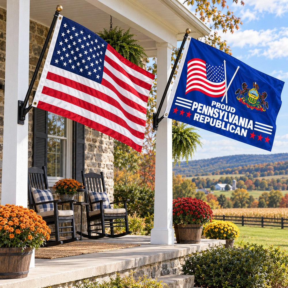 Heavy Duty American Flag and Proud Pennsylvania Republican Flag 3x5 2-Pack displayed outdoors