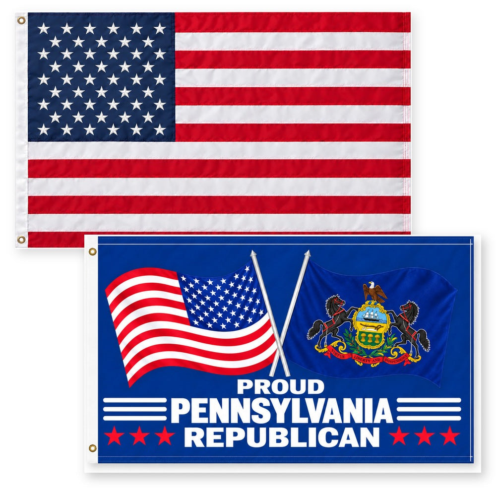 Heavy Duty American Flag and Proud Pennsylvania Republican Flag 3x5 2-Pack
