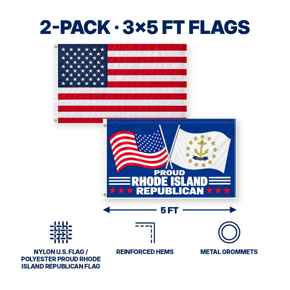 Heavy Duty American Flag and Proud Rhode Island Republican Flag 3x5 2-Pack features and size details