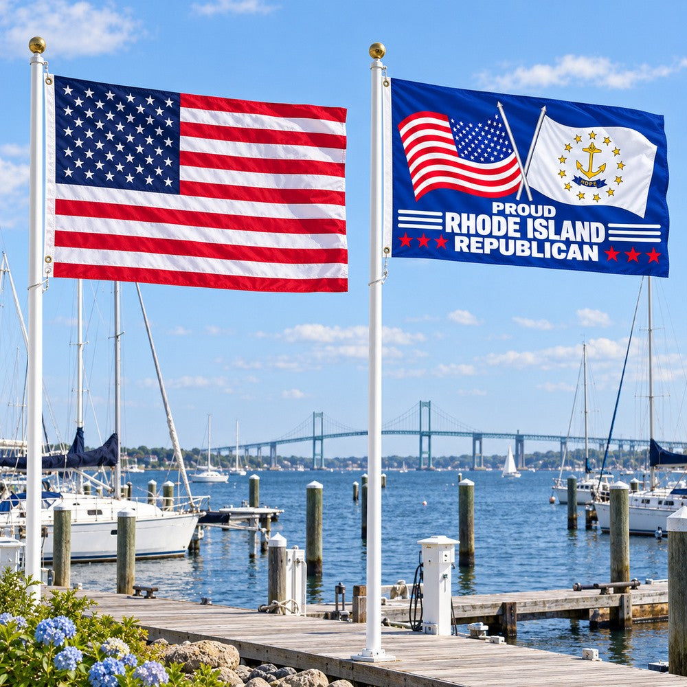 Heavy Duty American Flag and Proud Rhode Island Republican Flag 3x5 2-Pack displayed outdoors