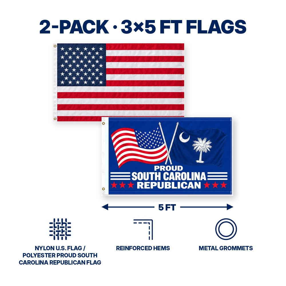 Heavy Duty American Flag and Proud South Carolina Republican Flag 3x5 2-Pack features and size details