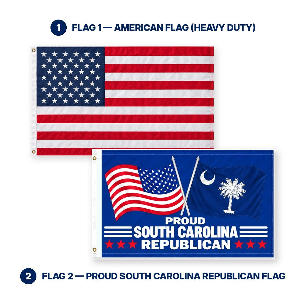 Heavy Duty American Flag and Proud South Carolina Republican Flag 3x5 2-Pack features and size details