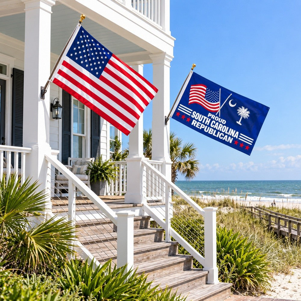 Heavy Duty American Flag and Proud South Carolina Republican Flag 3x5 2-Pack displayed outdoors