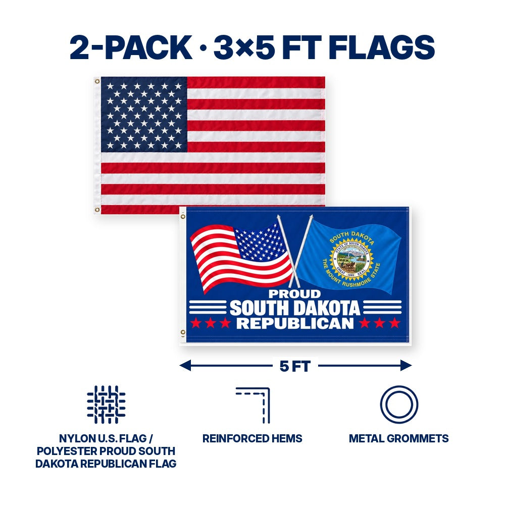 Heavy Duty American Flag and Proud South Dakota Republican Flag 3x5 2-Pack features and size details