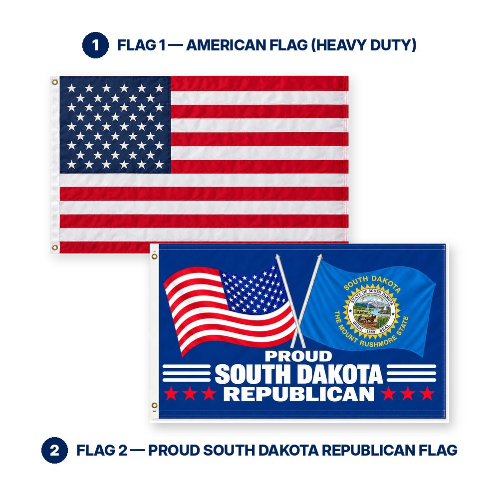 Heavy Duty American Flag and Proud South Dakota Republican Flag 3x5 2-Pack features and size details