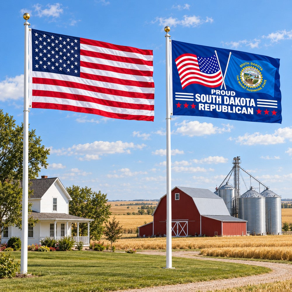 Heavy Duty American Flag and Proud South Dakota Republican Flag 3x5 2-Pack displayed outdoors