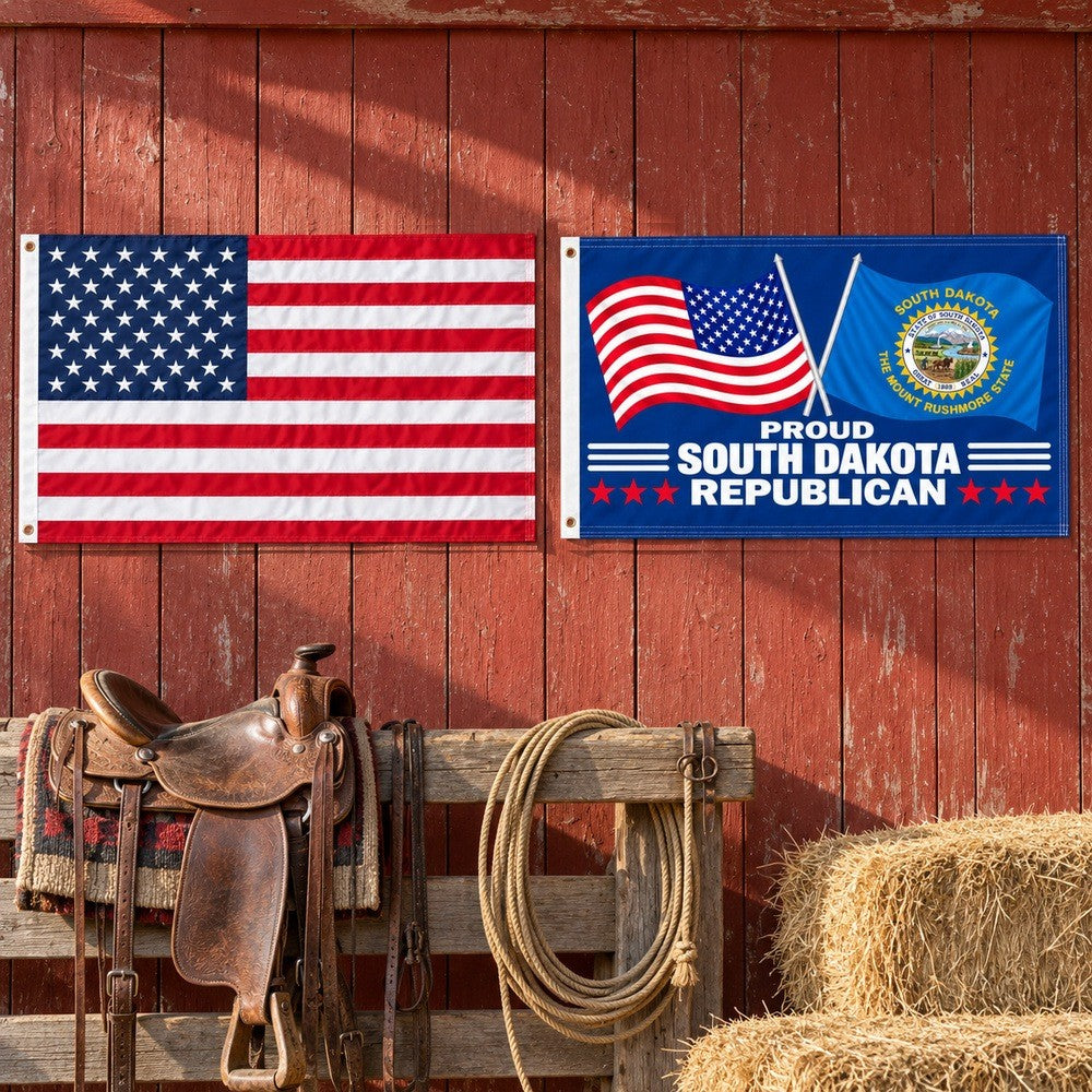Heavy Duty American Flag and Proud South Dakota Republican Flag 3x5 2-Pack displayed outdoors
