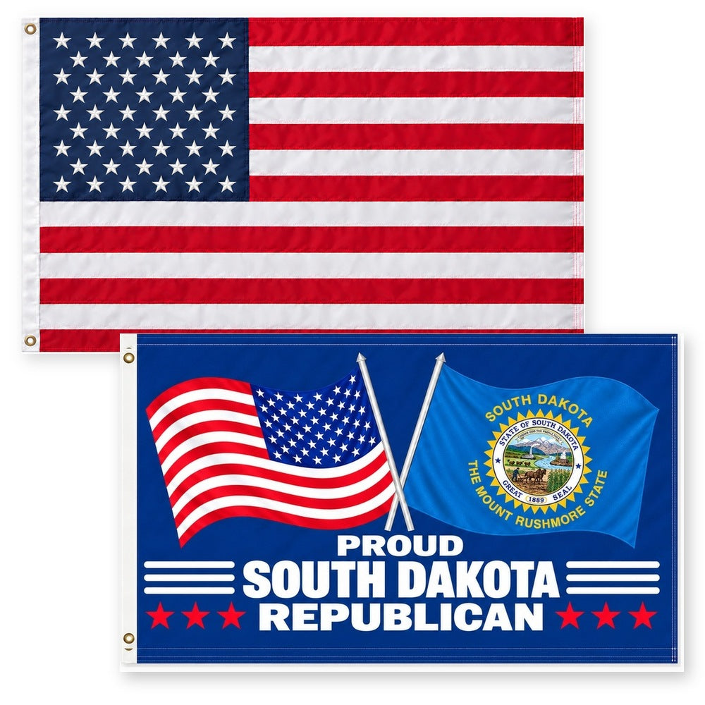 Heavy Duty American Flag and Proud South Dakota Republican Flag 3x5 2-Pack
