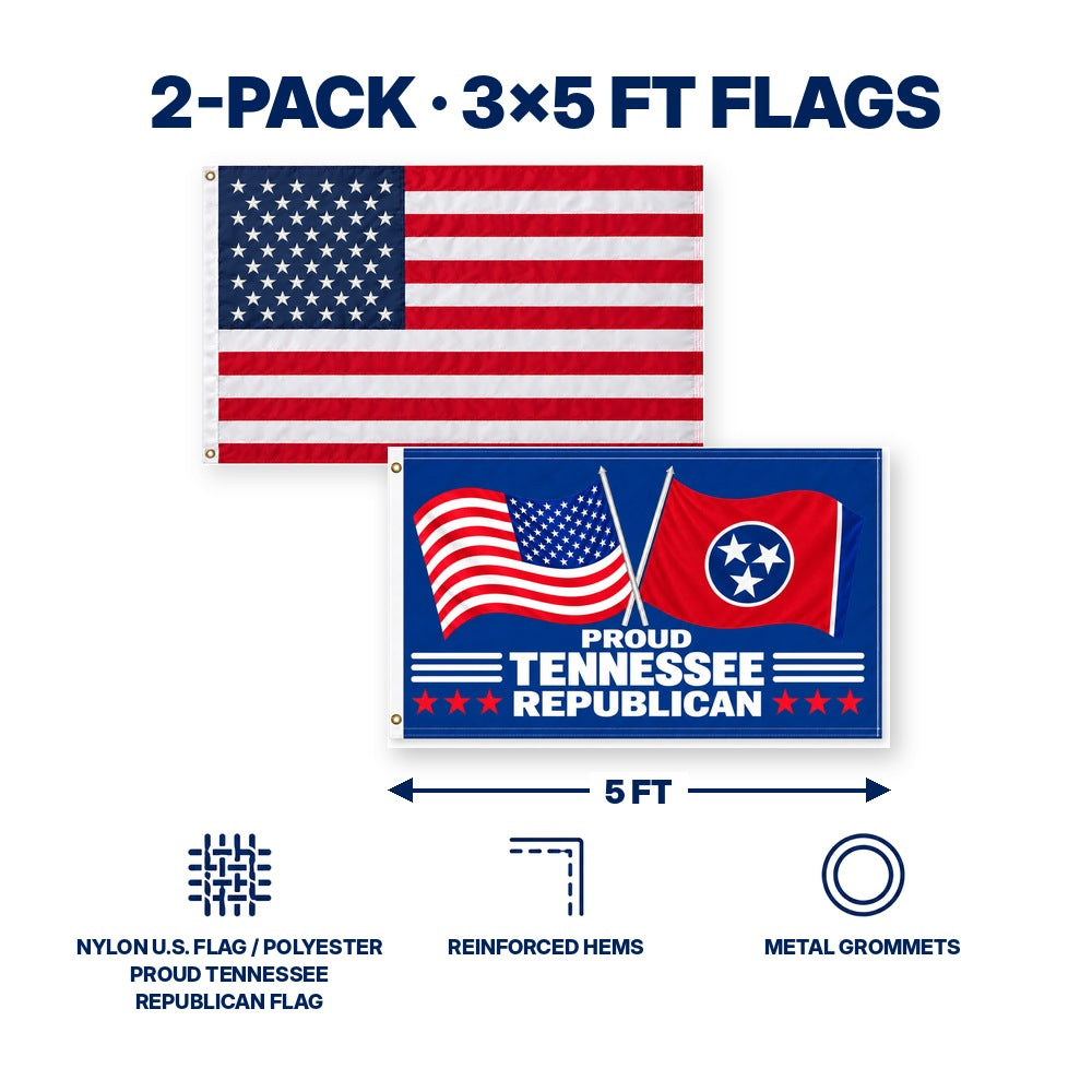 Heavy Duty American Flag and Proud Tennessee Republican Flag 3x5 2-Pack features and size details