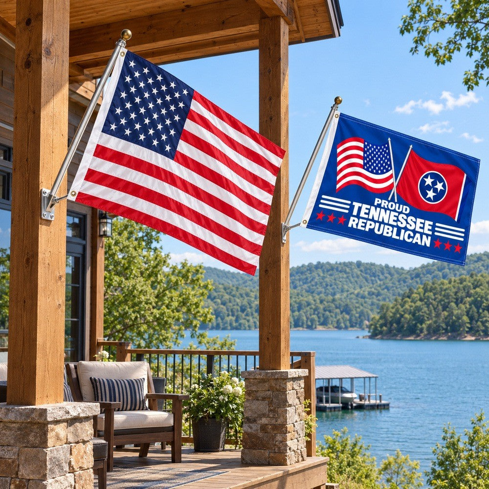 Heavy Duty American Flag and Proud Tennessee Republican Flag 3x5 2-Pack displayed outdoors