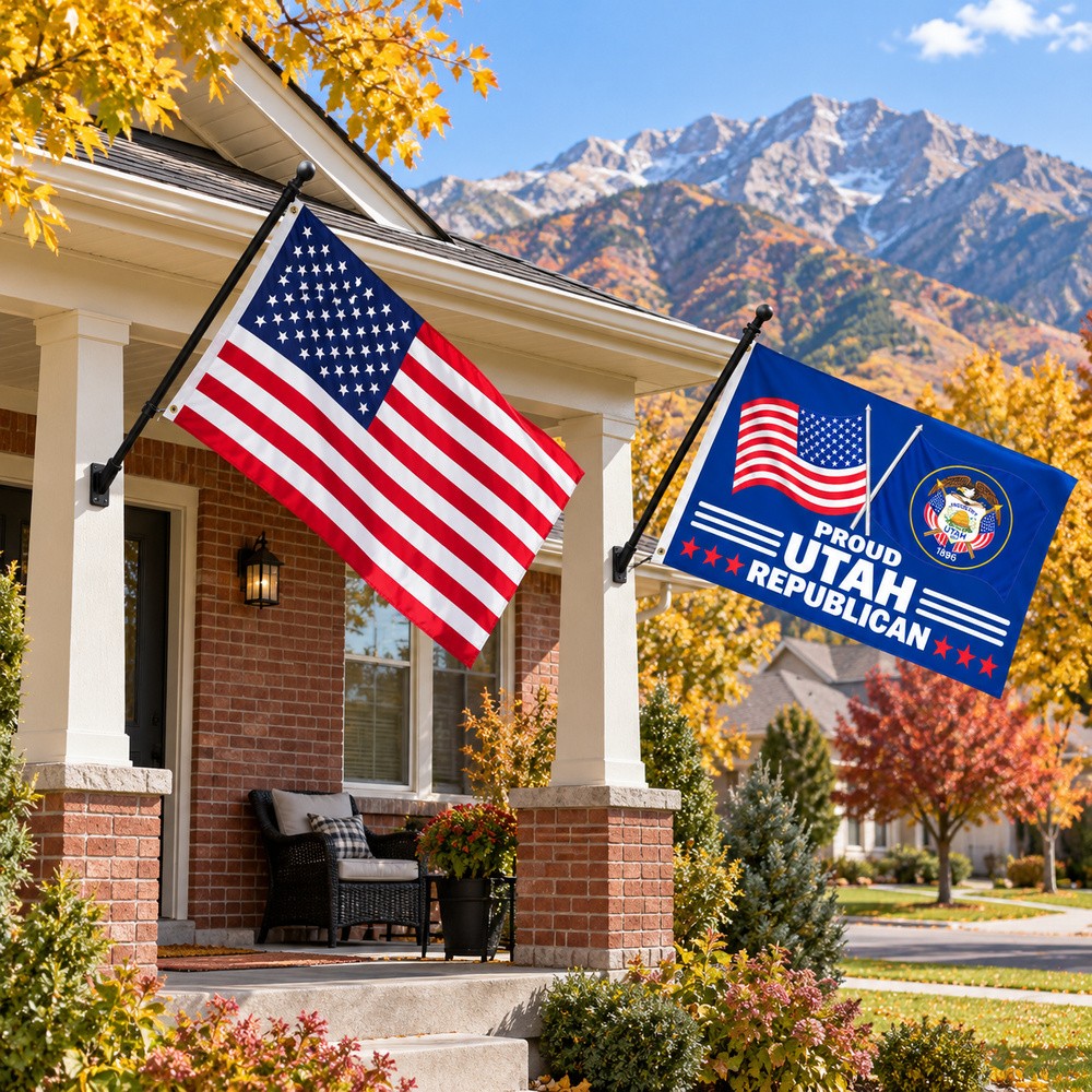 Heavy Duty American Flag and Proud Utah Republican Flag 3x5 2-Pack displayed outdoors