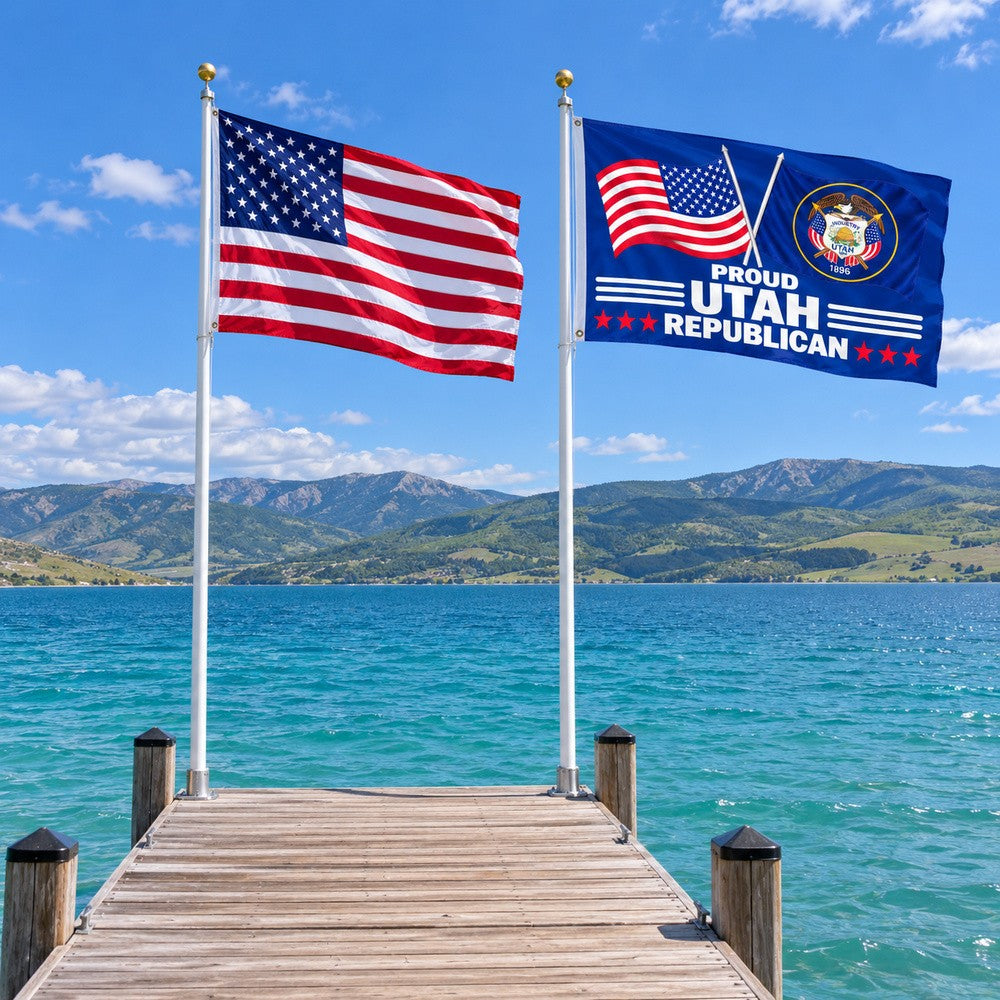 Heavy Duty American Flag and Proud Utah Republican Flag 3x5 2-Pack displayed outdoors