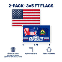 Heavy Duty American Flag and Proud Vermont Republican Flag 3x5 2-Pack features and size details