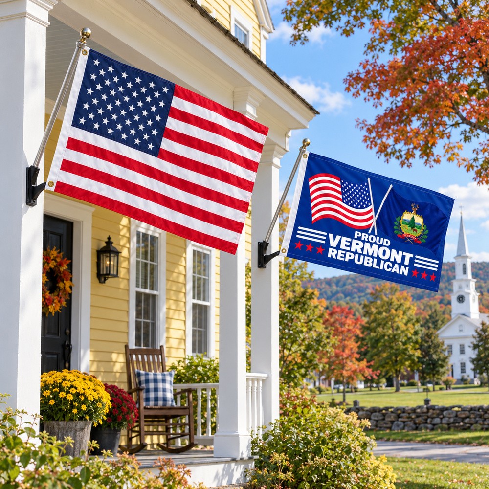 Heavy Duty American Flag and Proud Vermont Republican Flag 3x5 2-Pack displayed outdoors