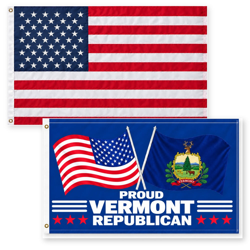 Heavy Duty American Flag and Proud Vermont Republican Flag 3x5 2-Pack