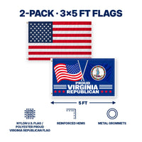 Heavy Duty American Flag and Proud Virginia Republican Flag 3x5 2-Pack features and size details