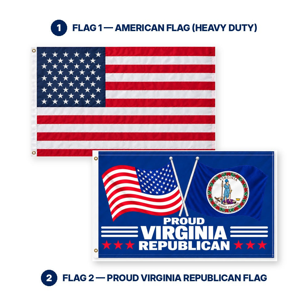 Heavy Duty American Flag and Proud Virginia Republican Flag 3x5 2-Pack features and size details