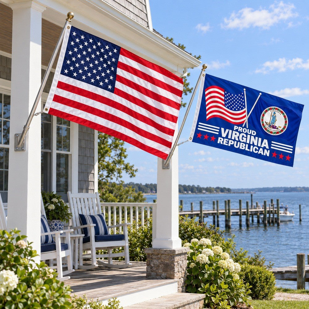 Heavy Duty American Flag and Proud Virginia Republican Flag 3x5 2-Pack displayed outdoors
