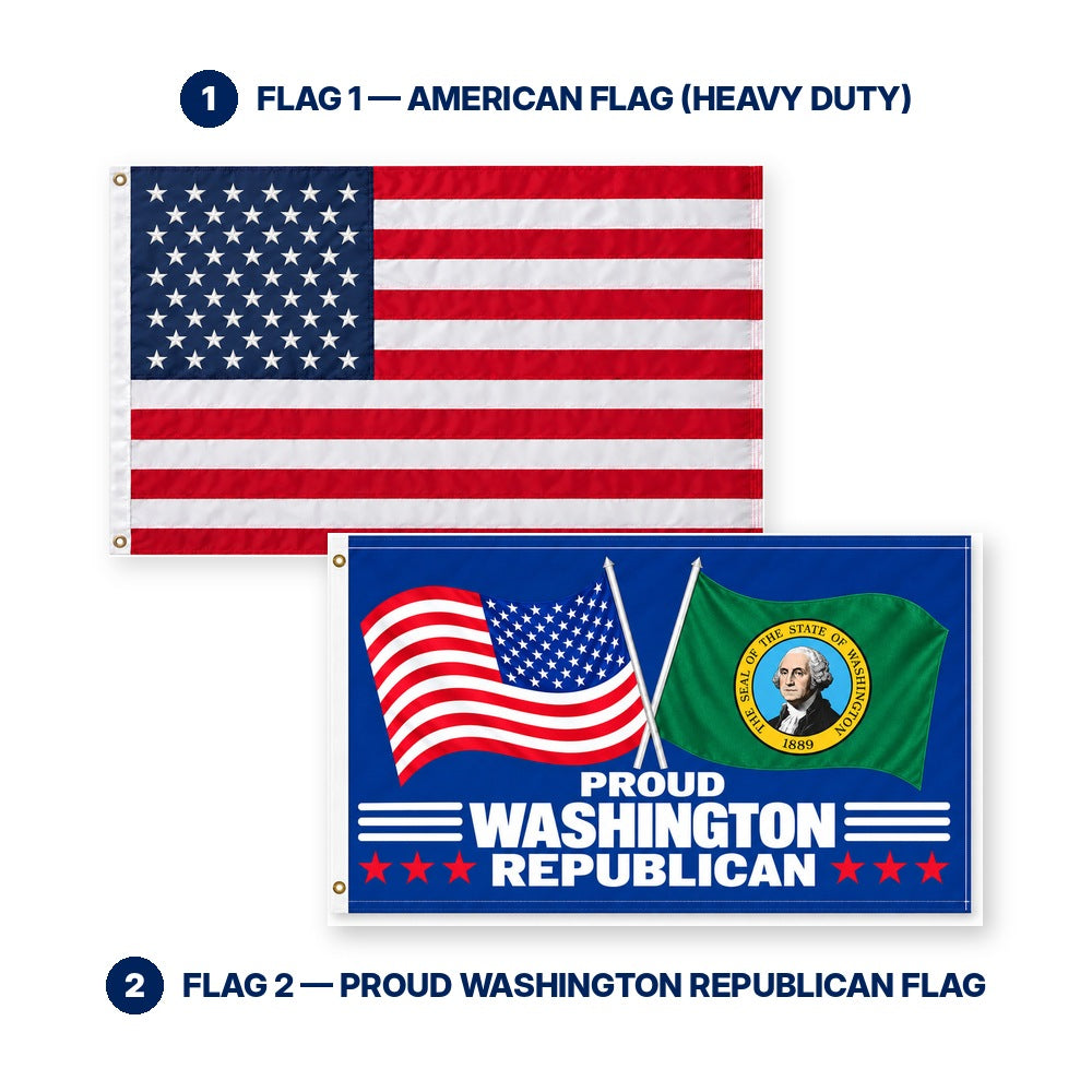 Heavy Duty American Flag and Proud Washington Republican Flag 3x5 2-Pack features and size details
