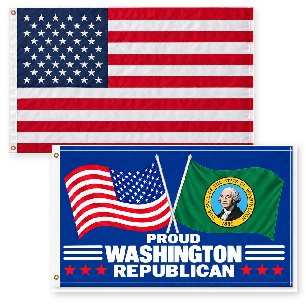 Heavy Duty American Flag and Proud Washington Republican Flag 3x5 2-Pack
