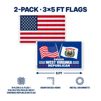 Heavy Duty American Flag and Proud West Virginia Republican Flag 3x5 2-Pack features and size details