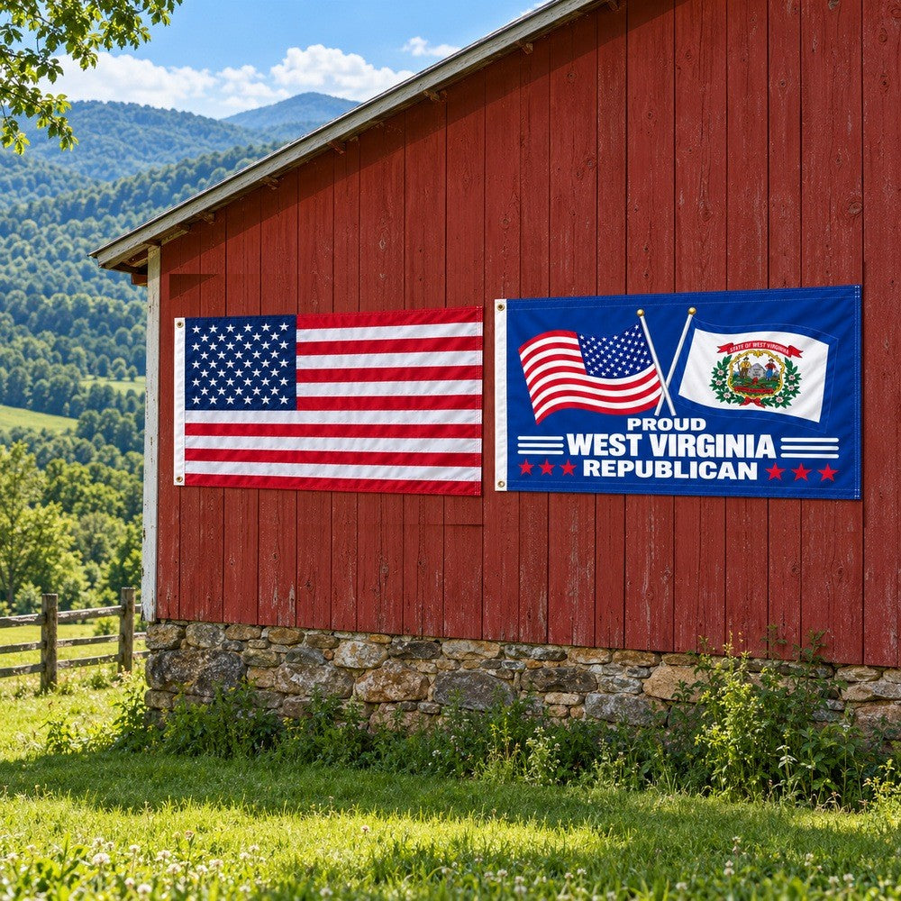 Heavy Duty American Flag and Proud West Virginia Republican Flag 3x5 2-Pack displayed outdoors