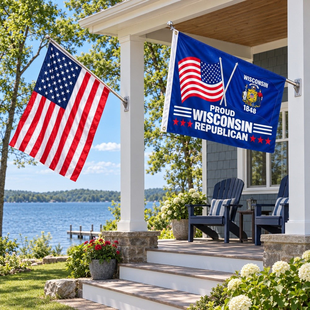 Heavy Duty American Flag and Proud Wisconsin Republican Flag 3x5 2-Pack displayed outdoors